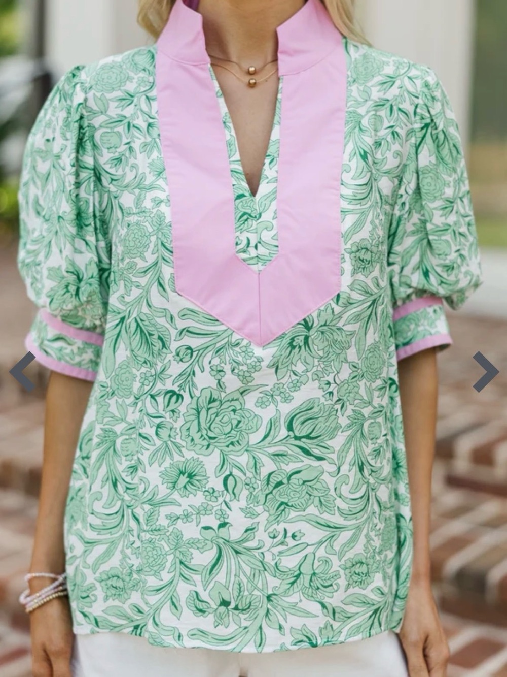 Green Floral Puff Sleeve Blouse with Pink Trim